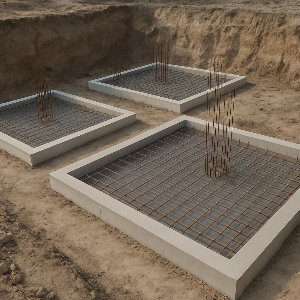 **Alt Text:** A close-up photograph of a construction site featuring four rectangular concrete foundations, each surrounde...