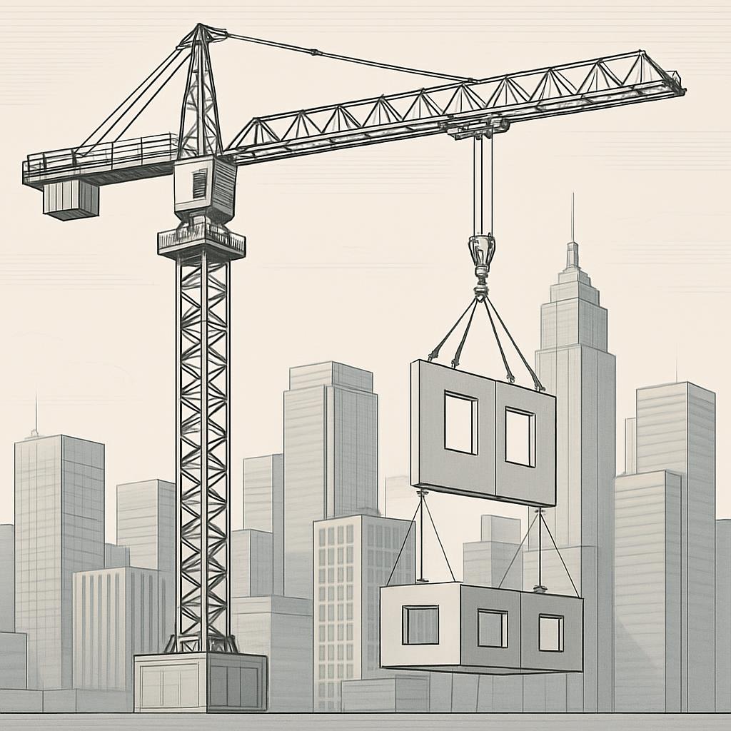 A black-and-white drawing of a building crane and a double-story building on the hoist.